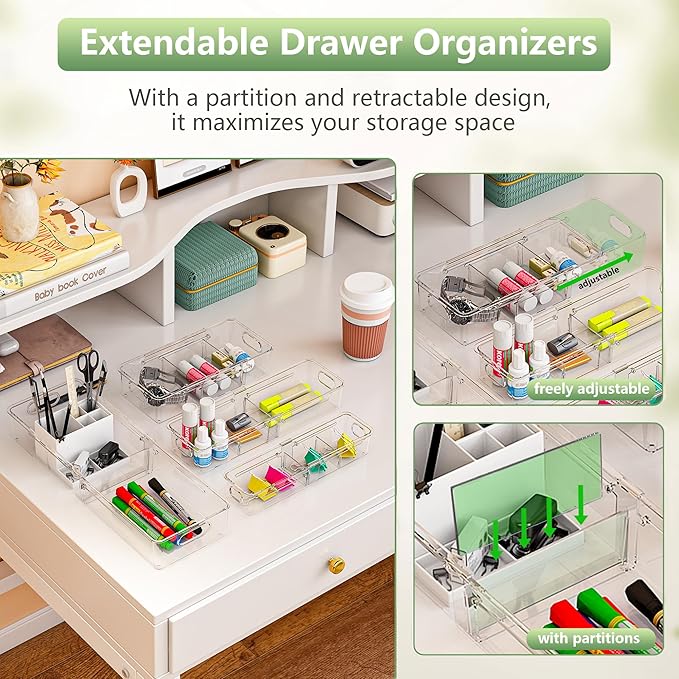 BLULEE Adjustable Clear Drawer Organizers, Expandable Bathroom Drawer Organizer Bins with Dividers, Versatile Makeup Organizer for Drawer, Plastic Desk Drawer Organizer (4 Pcs)