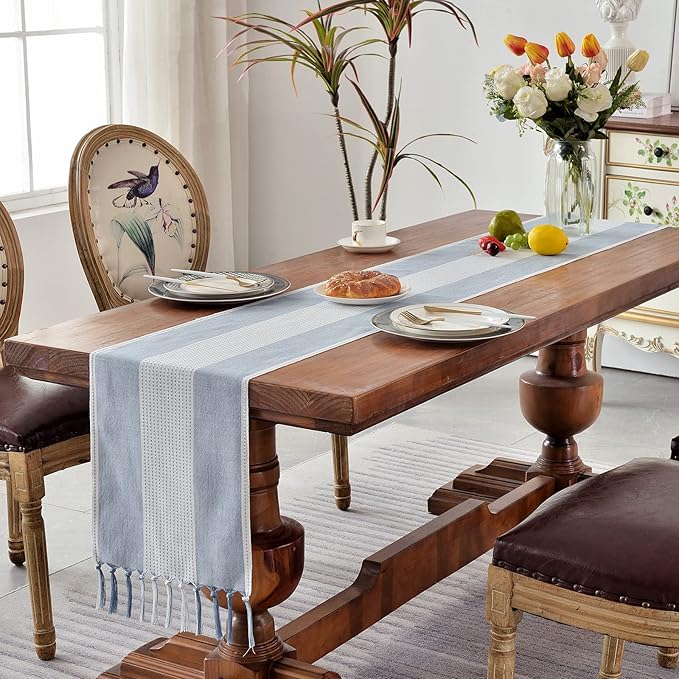 Wracra Linen Table Runner, Farmhouse Macrame Table Runners 36 Inches Long for Dining Table Decor, Wedding, Party and Dresser Decor (Blue,36")