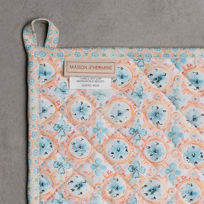 Maison d' Hermine 100% Cotton Oven Mitt & Pot Holder Set (7.5"x13" & 8"x8") Heat Resistant BBQ Cooking Gloves with Loop Baking Grilling Kitchen Gifts for Mothers Day Spring/Summer(Summer Whisper)