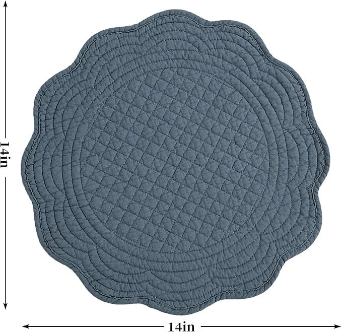 HOMBYS Quilted Placemats Set of 6 Washable Round Placemats for Kitchen Table-100% Cotton Fabric 14 Inch Round Table Mats, Cotton Fabric with Microfiber Filling, (14"x14", Blue)