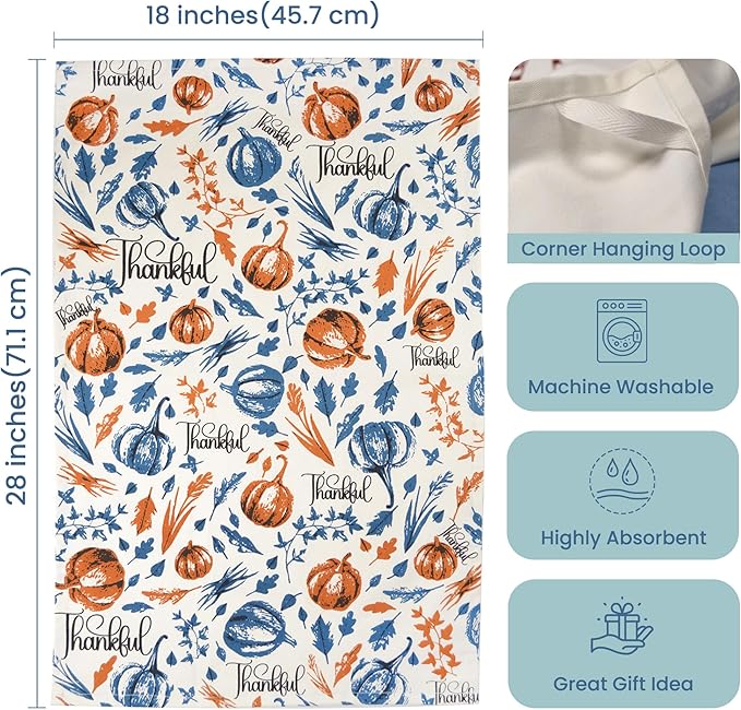 The Fine Living Company Set of 2 Thankful & Grateful Printed Dish Towels, Hand Towels, Boho Tea Towels - Multifunctional, Stylish, Absorbent, Quick Dry, Soft 18" x28", 100% Cotton, Blue & Orange