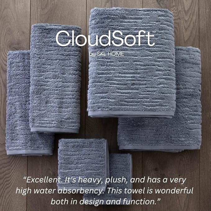SKL Home CloudSoft 100% Cotton Luxury 6-Piece Towel Set, 600 GSM, Ultra Plush & Absorbent - 2 Bath Towels, 2 Hand Towels, 2 Washcloths, Smoke Blue