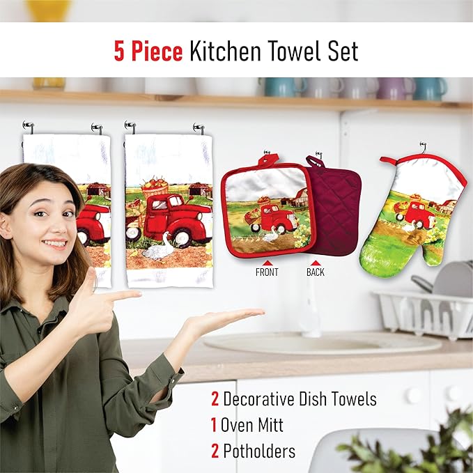 Lobyn Value Packs: 5 Piece Kitchen Towel Set with Vintage Red Truck Design, 2 Decorative Dish Towels (25 X15), 1 Oven Mitt (11 X 7) and 2 Potholders (6.5 X 6.5) for Countryside Elegance