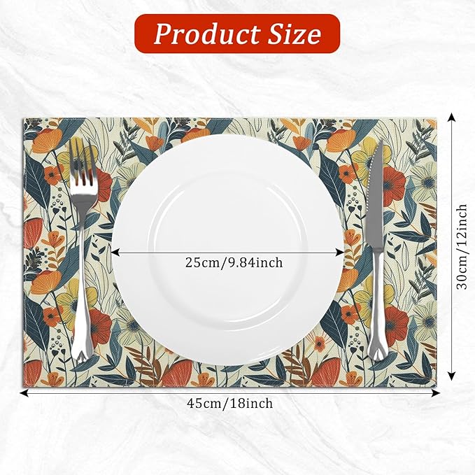 comfoyar Boho Colorful Flower Placemats Set of 4, 12x18 Inch Non-Slip Linen Watercolour Floral Place Mats, Washable Absorbent Rectangular Vintage Table Mats for Kitchen Dining Party Table Decoration