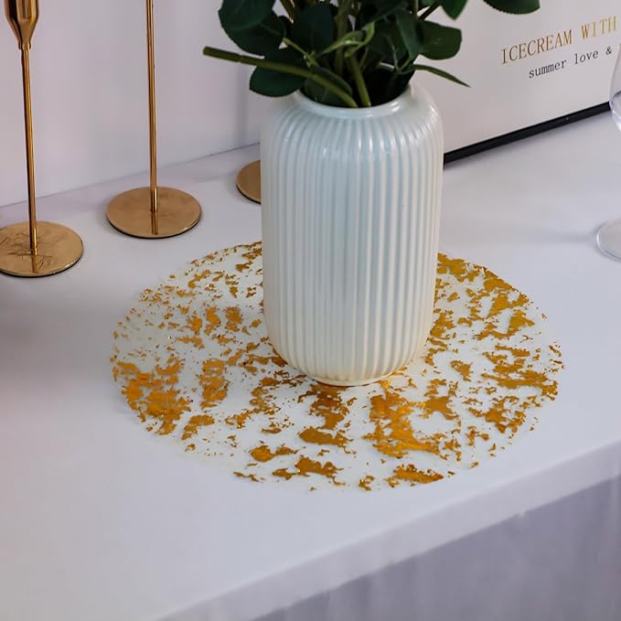 Snowkingdom Gold Placemats Set of 50 Round 13 Inch Foil Mesh Pressed Bulk Disposable Fall Table Mates 50 Pack Gold Doilies for Dining Table Wedding Birthday Party Holiday Home Decoration