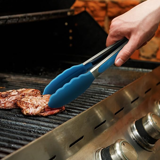 3 Pack Blue Kitchen Tongs, Premium Silicone BPA Free Non-Stick Stainless Steel BBQ Cooking Grilling Locking Food Tongs, 9-Inch 10-Inch & 12-Inch