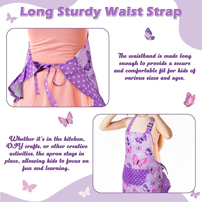 R HORSE Kid Apron and Chef Hat Set - 2Pcs Purple Butterfly Toddler Kitchen Apron for Girls, Adjustable Role Play Costume Pretend Play Toy for Cooking Baking Painting Birthday Gift for Kids Ages 3-6