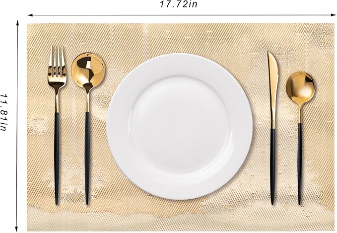 CADONO Placemats Set of 6 Washable Indoor/Outdoor Vinyl Place Mats for Dining Table Durable Non-Slip Heat Resistant PVC Weave Table Mats（Christmas Tree-Gold）