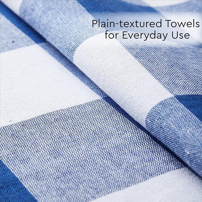 Encasa XO Cotton Kitchen Towel Set | Hand and Tea Cloth for Cleaning & Quick Drying, X-Large 28"x18" (Pack of 4) Highly Absorbent - Buffalo Blue Checks