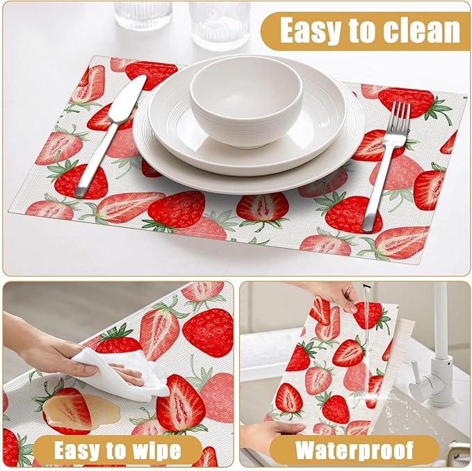 Watercolor Strawberry Placemats Set of 6, Linen Place Mat Washable Stain Resistant Table Mats for Farmhouse Kitchen Dining Holiday Party Wedding Decor 12x18 Inch