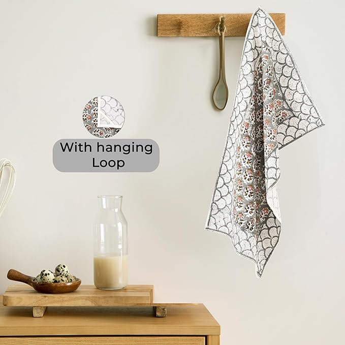 CPC Labra Grey Hand Block Print Waffle Kitchen Towel Set of 3-16 x 28 Inch Ultra Absorbent Quick Dry Cotton Dish Towels Lightweight Reusable Sustainable Tea Towels for Cleaning and Drying