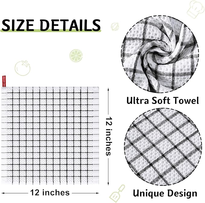 Homaxy 100% Cotton Dish Cloths, 12 Pack-12 X 12 Inches, Check Design Waffle Weave Dish Rags for Washing Dishes, Ultra Absorbent and Fast Drying Dishcloths, Black
