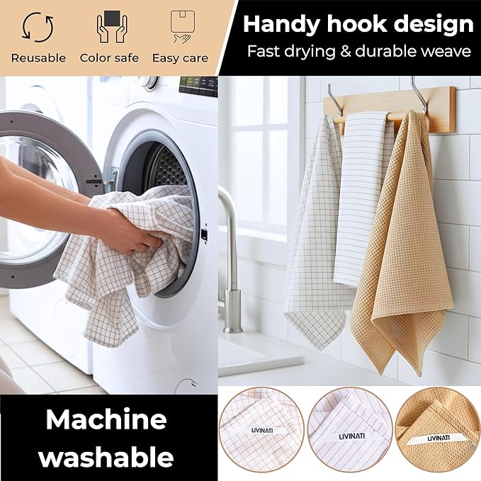 Highly Absorbent Cotton Kitchen Towels for Drying Dishes - Set of 6 Dish Towels - Narrow Beige Stripes Plaid Waffle Dishtowels - 18"X28" Large Lint Free Linen Tea Hand Bulk T Towls
