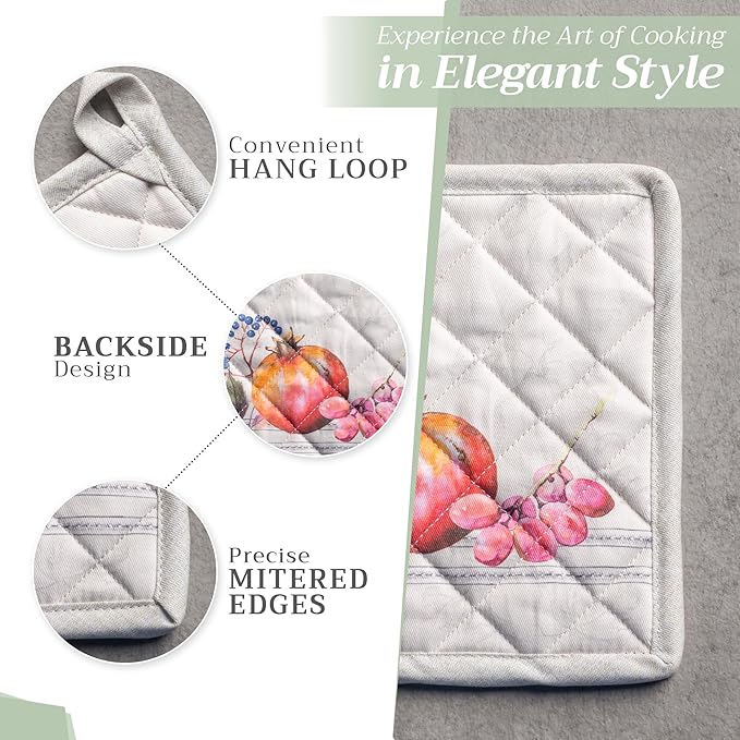 Maison d' Hermine Pot Holders Set 100% Cotton Heat Resistant Potholders 8" x 8" Hot Pads with Loop for Thanksgiving Christmas Decorations BBQ Baking Handling Hot Pans (Pack of 2, Fruit D'Hiver)