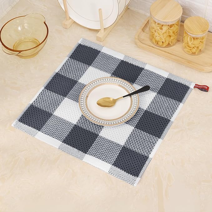 Mordimy 100% Cotton Waffle Weave Plaid Dish Cloths, 12 x 12 Inches, Super Soft and Absorbent Quick Drying Buffalo Check Dish Rags for Kitchen, 6-Pack, White & Dark Grey