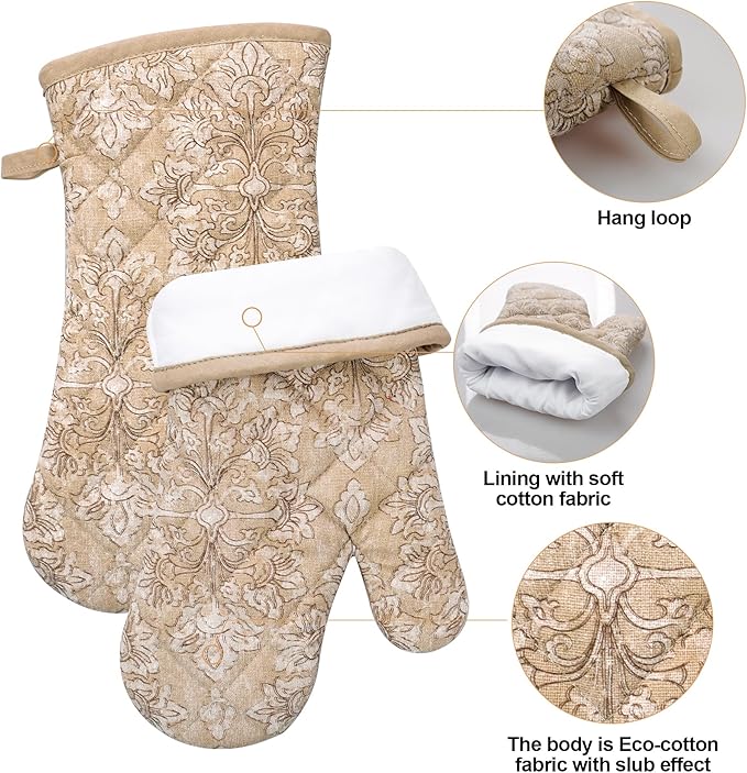 Oven Mitts and Pot Holders with Cooking Apron Set of 5, Heat Resistant Kitchen Gloves and Silicone Non-Slip Potholders, Adjustable Neck Buckle Chef Apron, Cotton Nice Design for Cooking (Tawny)