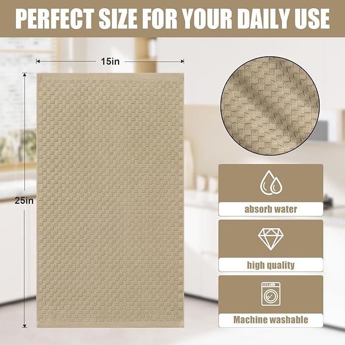Homaxy 100% Cotton Terry Kitchen Towels(15" x 25", 12 Pack), Soft and Super Absorbent Dish Towels, 380 GSM Reusable Tea Towel with Hanging Loop, Pineapple Grid Designed, Tan
