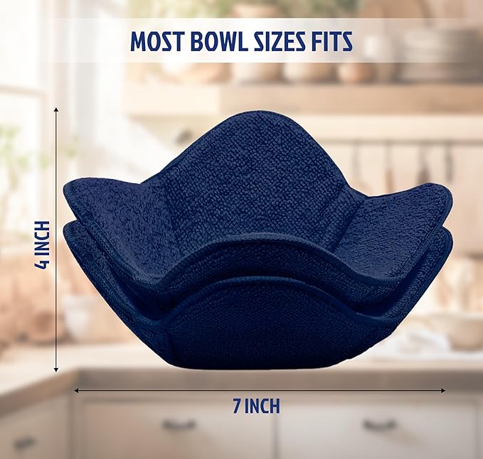 Set 2X Dark Blue 7" sq. x 4"H Microwave Polyester Bowl Holder Potholders - Microwavable Soup Bowls Cozy - Hot Pads Holders for Hot Food Quilted - Bowl Cozies for Microwave Kitchen Accessories, Gadgets