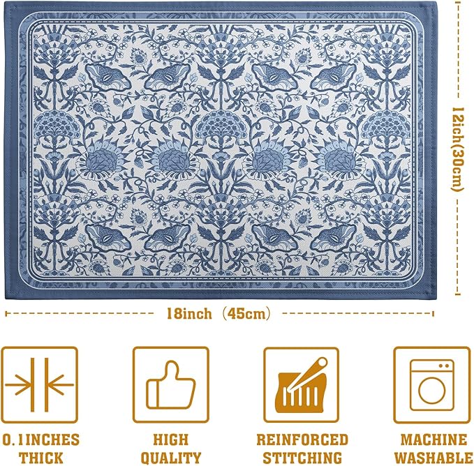 Blue Floral Boho Placemats Set of 4, 12x18 Inch Vintage Chinoiserie Block Print Place Mats Seasonal Spring Summer Rustic Farmhouse Table Mats for Party Kitchen Dining Outdoor Indoor Decor