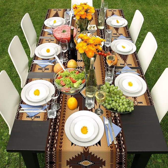ArtSocket Western South Table Runner and Placemats Set of 6, Ethnic Boho Tribal Aztec Colorful Flower Dining Decor for Daily Use(1 Table Runner 72 inches Long and 6 Placemats)