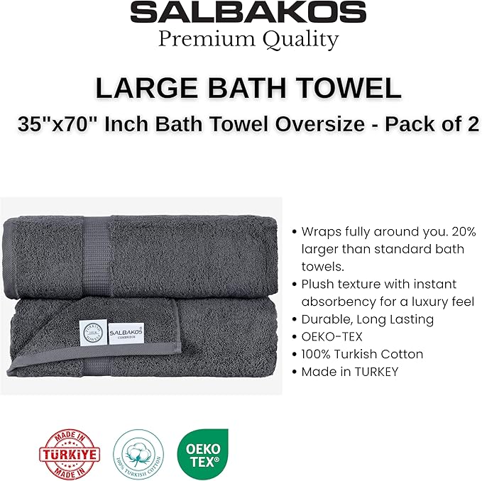 SALBAKOS 100% Turkish Cotton Bath Sheet Towels Set of 2-Piece Gray | 35x70 in Extra Large Bath Towels | Premium Hotel Quality, Thick, Soft, Super Absorbent Oversized Bath Towel (Gray, 2 Bath Sheets)