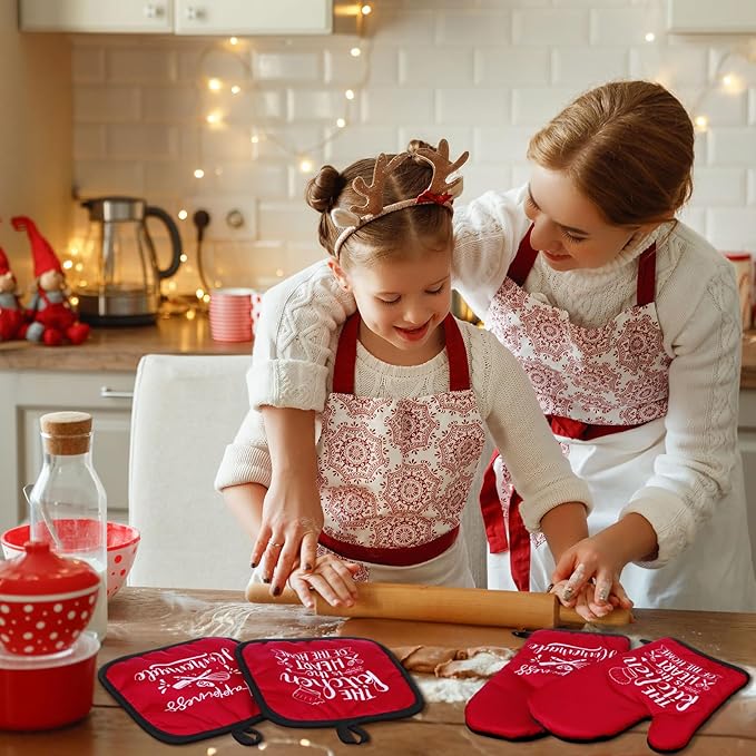 Sratte 6 Pcs Kitchen Decor Accessories Set Farmhouse Towels Pot Holders Oven Mitts Set 2 Dish Towels 2 Potholders 2 Cooking Mittens Oven Glove for Christmas Baking Cooking Supply(Red,Kitchen)