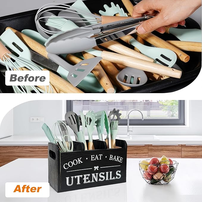 Wooden Kitchen Utensil Holder with 3 Compartments, Utensil Storage Organizer for Kitchen Counter, Farmhouse Decor & Rustic Cooking Tools Storage(Black)