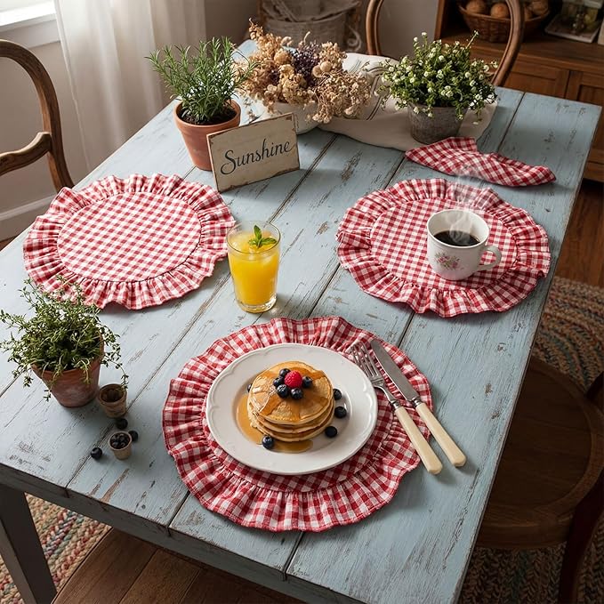 4 Pcs 15 Inch 100% Cotton Scalloped Round Placemats, Thin Retro Red Gingham Place Mats with Ruffle, Washable Placemats Table Mats for Kitchen Dining Holiday Gatherings Decor