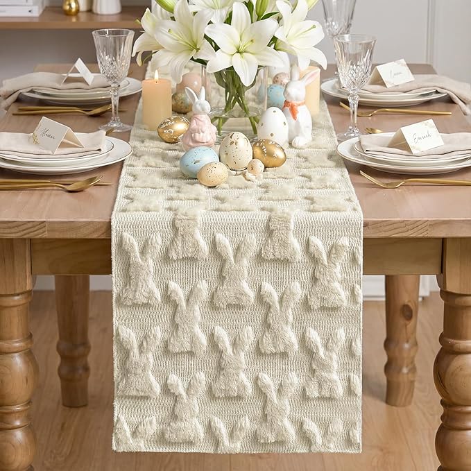 Artoid Mode Beige Soft Plush Faux Fur Jacquard Bunny Rabbit Easter Table Runner, Seasonal Kitchen Dining Table Decoration for Home Party Decor 13x90 Inch