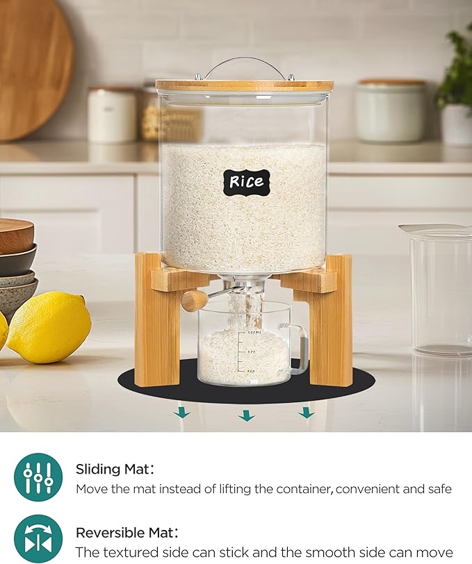 8-10 lbs Glass Rice Dispenser with Wooden Stand Flour and Cereal Container with Glass Measuring Cup & Labels & Slider mat Pantry Food Organization Storage Bin with Airtight Bamboo Lid, 5L
