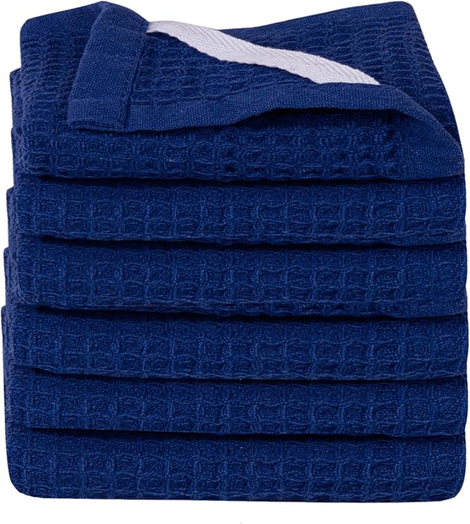 WHITEWRAP Premium Cotton Classic Waffle Weave Kitchen Dish Cloths, 12x12 Inch Ultra Absorbent Lint-Free Dish Towels, Fast Drying Dishcloths for Washing Dishes, 6 Pack, Blue