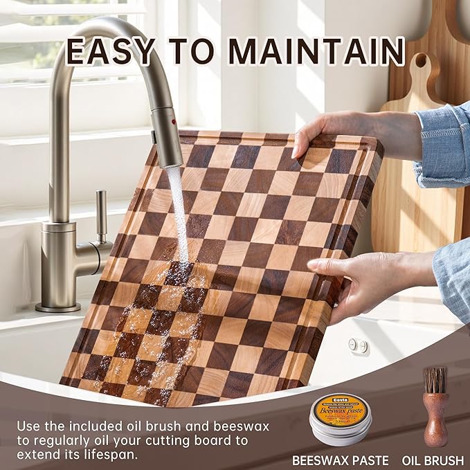 Checkered Cutting Boards for Kitchen, Wooden Cutting Board Set, Acacia Chopping Board with Juice Grooves & Handles, Butcher Block Serving Tray for Meat, Vegetables and Fruits, 3pcs
