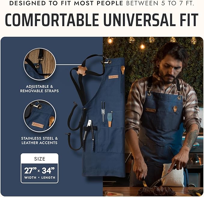 Asaya Chef and BBQ Apron with Bottle Opener and Hand Towel - 10oz Cotton Canvas, Stainless Steel Hardware - Cross Back Straps