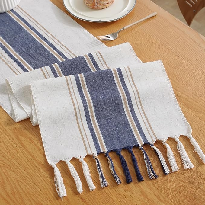 Niviy Blue Table Runner 72 Inches Long with Tassels, Summer Blue Decor Washable Embroidered Striped Braided Boho Table Runners for Wedding Bridal Baby Shower Decoration 12 x 72 Inches