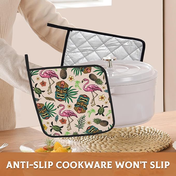 Tropical Hawaiian Colorful Tiki Pot Holders Set of 2 Heat Resistant Potholders,Flamingo Fire Oven Hot Pads for Kitchen Cooking Baking Barbecue