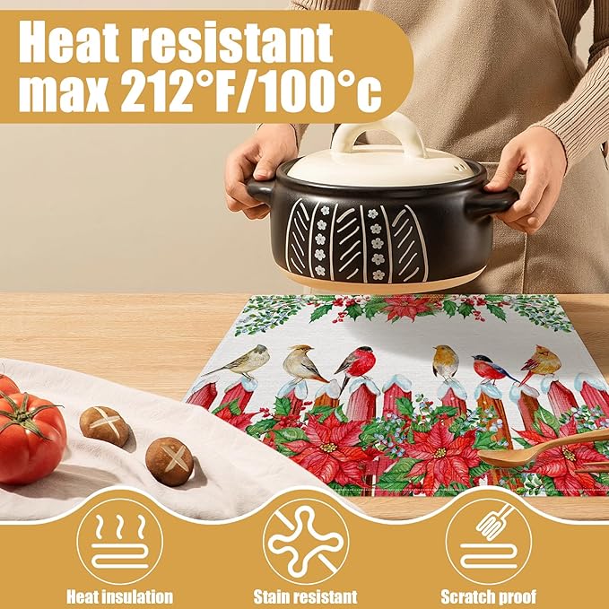 Christmas Birds Placemats Set of 6, Winter Red Cherry Linen Place Mat Washable Stain Resistant Table Mats for Farmhouse Kitchen Dining Party Wedding Decor 12x18 Inch