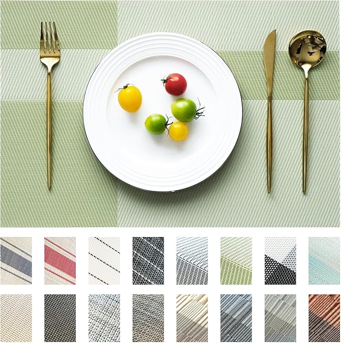Placemats Set of 12 Vinyl/Plastic Woven Place Mats for Kitchen Table Indoor/Outdoor Washable Placemat Wipeable Dining Table Mats (Green Cube,12)