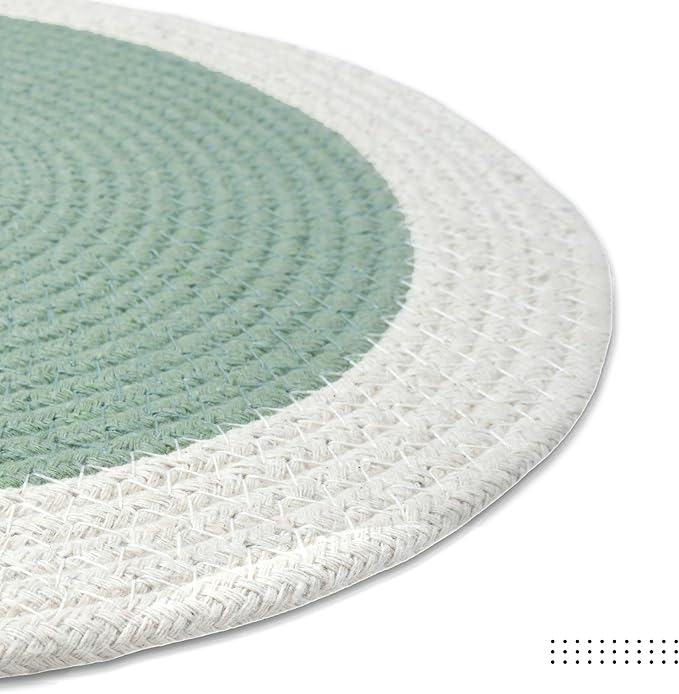 Encasa XO Dining Placemats Set of 6 | Cotton Round Table Mat - 13 in Diameter | Sage & Off White | Handmade Rib Style Chargers for Dinner Plates