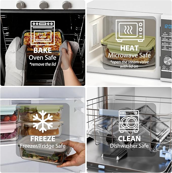 5 Pack 25oz Glass Meal Prep Containers with Air Vent Lids, Borosilicate Glass Food Storage Container with Snap Airtight Lids for Lunch, Food Prep, Microwave, Oven, Freezer & Dishwasher Safe, BPA-Free