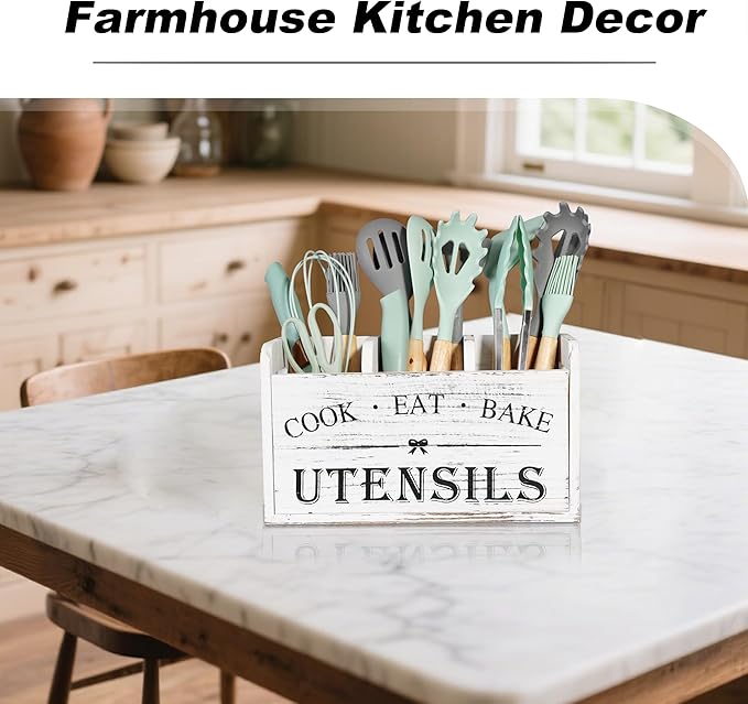 Wooden Kitchen Utensil Holder with 3 Compartments, Utensil Storage Organizer for Kitchen Counter, Farmhouse Decor & Rustic Cooking Tools Storage(White)