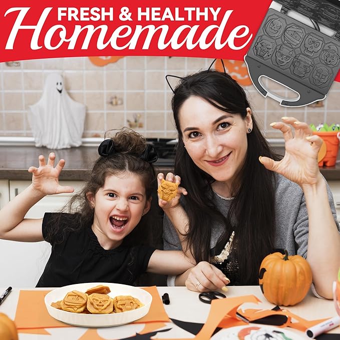 SugarWhisk Spooky Mini Waffle Maker for Kids, Mini Pancake Maker Machine, Electric Small Waffle Iron, 8 Fun Character Waffle Maker, Gift for Christmas Halloween, White