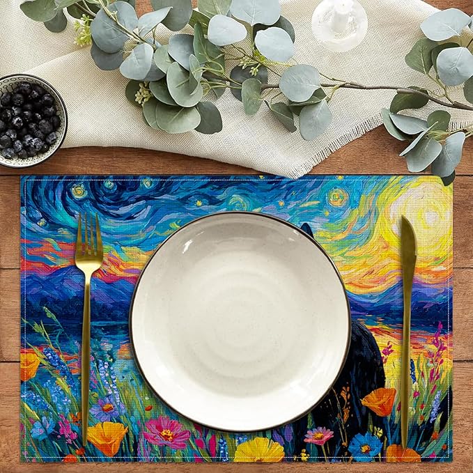 Starry Night Cat Placemats Set of 6,12 x 18 Inch Table Mats Washable Heat Resistant Linen Fabric Rectangle Place Mat for Party Home Kitchen Dining