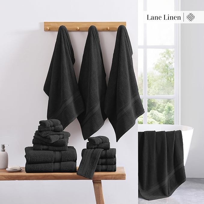 LANE LINEN Bath Towel Set of 18 – Premium 100% Cotton, 6 Bath, 6 Hand & 6 Washcloth, Zero Twist Hotel Collection Towels Soft, Gentle on Body, Absorbent & Ideal for Everyday Use – Black
