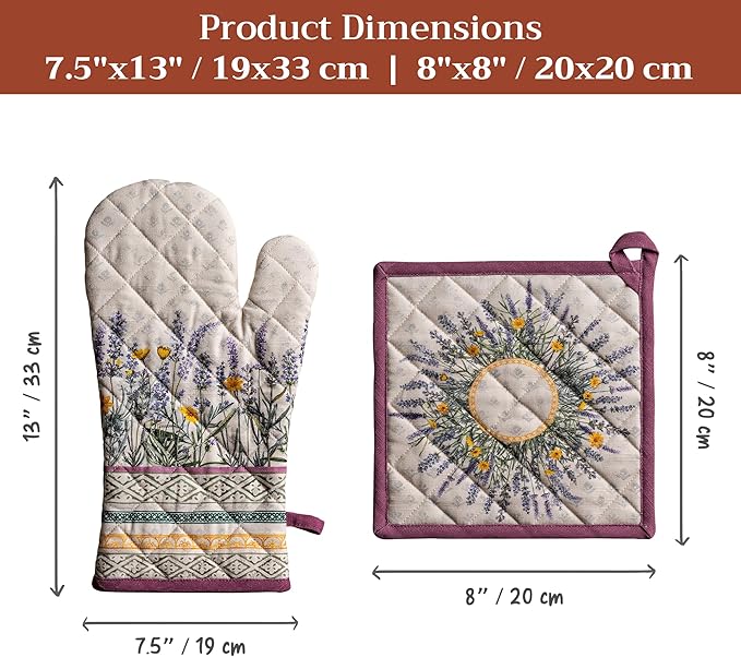Maison d' Hermine 100% Cotton Oven Mitt & Pot Holder Set (7.5"x13" & 8"x8") Heat Resistant BBQ Cooking Gloves with Loop Baking Grilling Kitchen Gifts for Mothers Day Spring/Summer(Fanny Lavender)