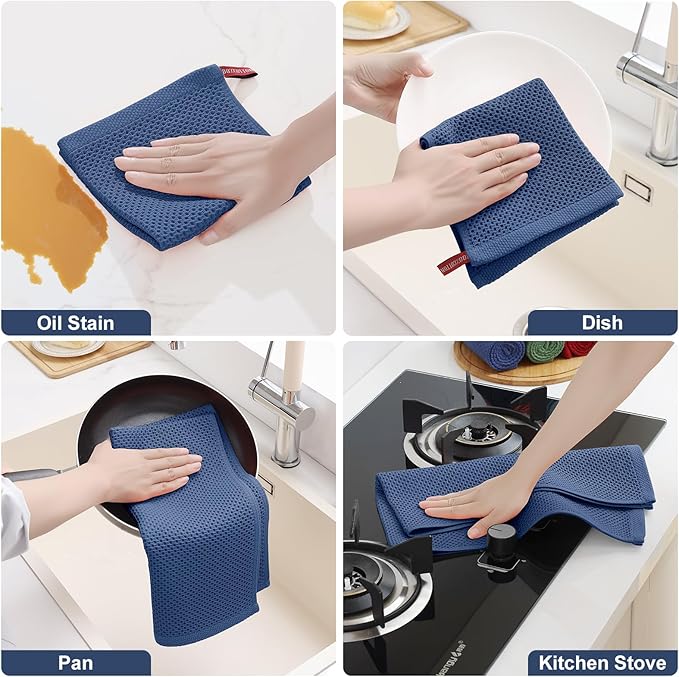 Homaxy 100% Cotton Kitchen Towels and Dishcloths Set, 12 x 12 Inches and 13 x 28 Inches, Set of 16 Bulk Kitchen Towels Set, Ultra Soft Absorbent Dish Cloths for Washing Dishes, Navy Blue