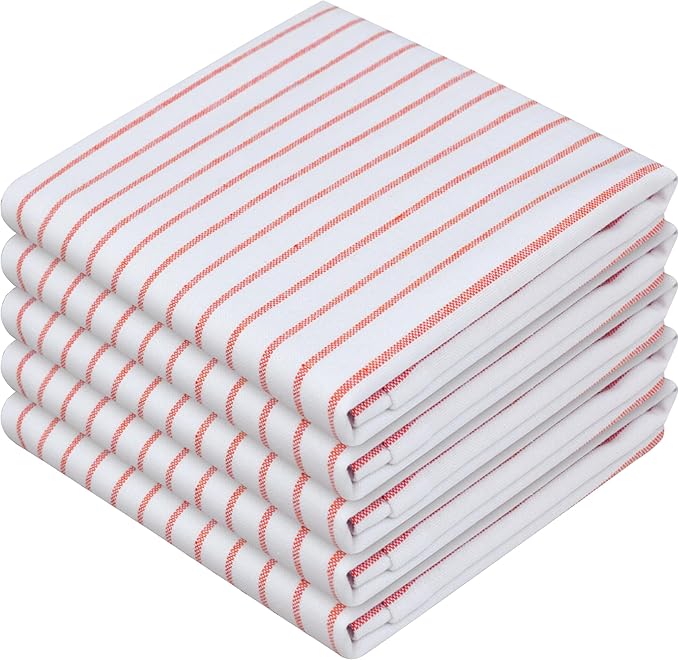 Red Stripe Cotton Kitchen Towels Set of 5, Durable & Super Absorbent Dishcloths Pack, Classic Stripe Towel Set, Quick Dry Towels for Daily Kitchen Use, Wiping & Drying Dishes
