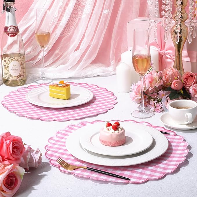 Set of 6 Round Placemats 15 Inch Cotton Scalloped Embroidery Placemat Washable Double Layered Rustic Dinner Table Mat Decor Fabric for Hotel Restaurant Kitchen(Pink,Plaid)