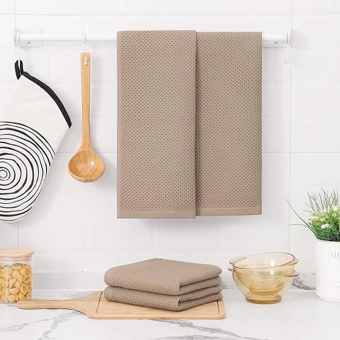 Kitinjoy 100% Cotton Waffle Weave Kitchen Hand Towels (13 X 28 Inches, Tan), 4-Pack Super Soft and Absorbent Dish Towel for Drying Dishes