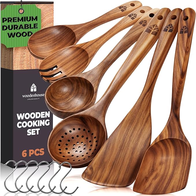 Wooden Spoons for Cooking – 6 Pcs Premium Teak Wooden Utensil Set with Hooks - Durable, Nonstick Safe, Easy to Clean & Heat Resistant with Ergonomic Handles