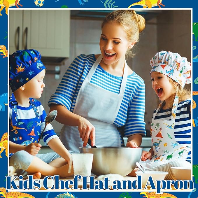 2 Pack Kids Apron and Chef Hat Adjustable Kitchen Cooking Aprons with Pockets for Girls Boys Baking Painting
